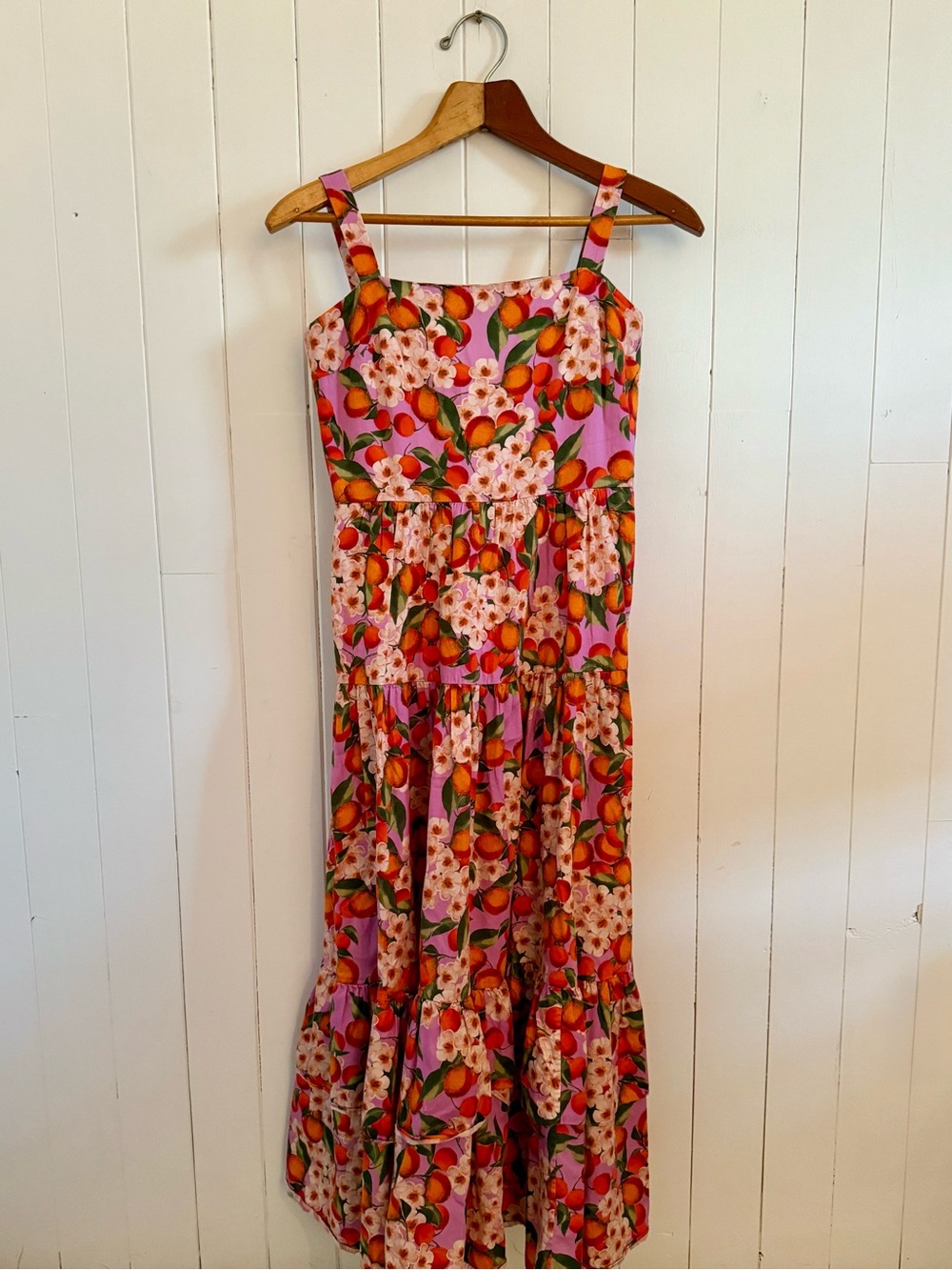 Borgo De Nor Pink Floral Midi Dress with Orange Fruit Print